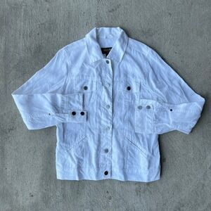 Womens Eddie Bauer Medium White Linen Utility Button‎ Up Collared Long Sleeve